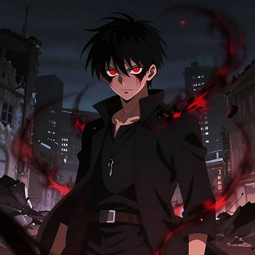 Dark Evil Anime Boy in Ruined City