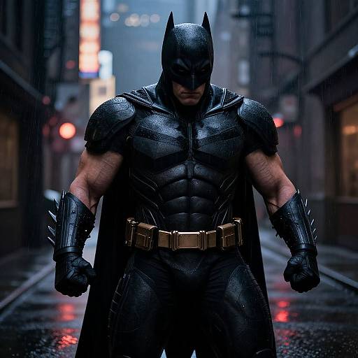 Photorealistic digital art of muscular Batman standing in a rainy, neon-lit city alley, wearing dark armored suit, cape, gloves, and gold