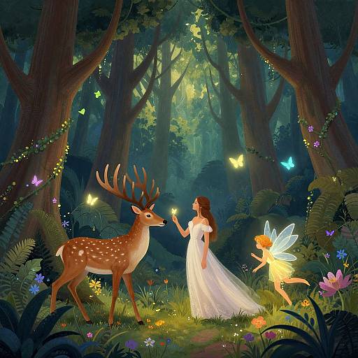 Digital illustration of a fairy forest with a deer, fairy, and woman. The fairy holds a glowing flower, butterflies illuminate the scene, vibrant flowers and