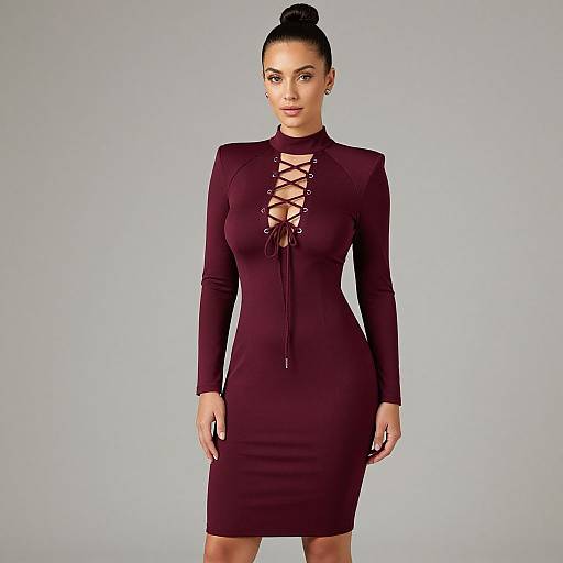 Photograph of a woman with dark hair in a bun, wearing a tight, long-sleeved, maroon dress with a lace-up front,