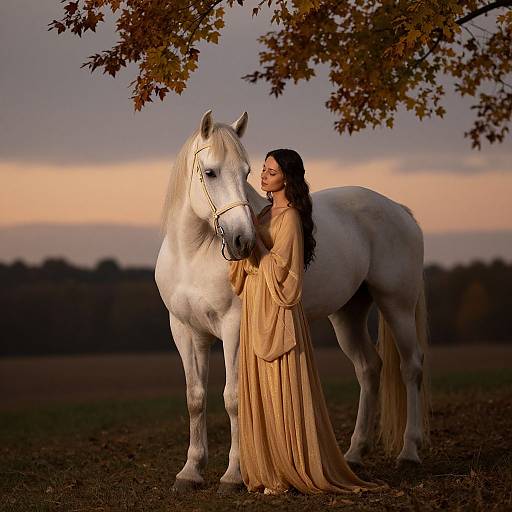 Photograph of a woman in a flowing, golden dress standing beside a white horse under autumn trees at sunset.