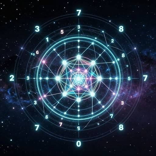 Digital artwork of a glowing, neon-blue geometric star chart with numbers 1-9, set against a starry, cosmic background.