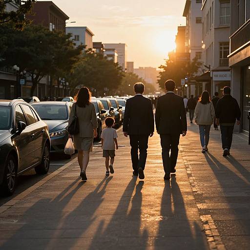 Photograph of a sunlit urban street at sunset, silhouetting a man, woman, and child walking alongside parked cars and other pedestrians.