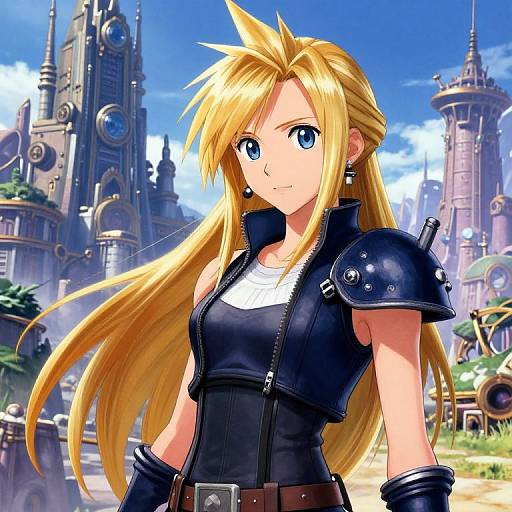 Digital anime-style drawing of a blonde, blue-eyed woman with spiky hair, wearing a black armored vest and gloves, in a futuristic, medieval city