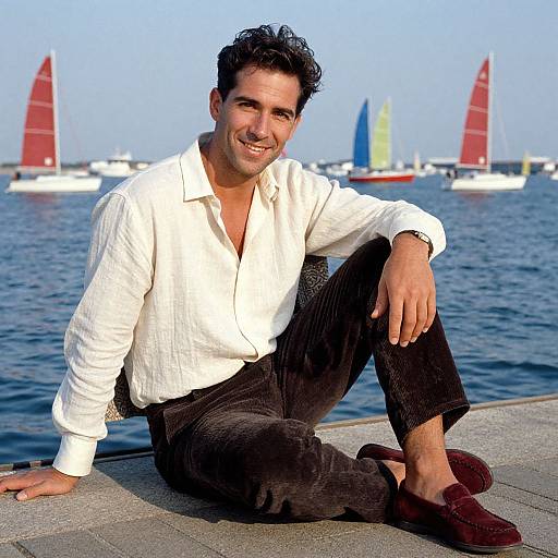Photograph of a smiling man with dark hair, white shirt, black pants, and brown shoes, sitting on a dock with colorful sailboats in the