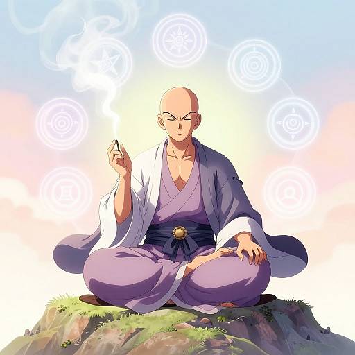 Digital anime-style drawing of a bald, muscular man in a purple kimono, sitting cross-legged on a grassy hill, holding a small object,