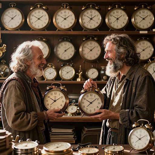 Photograph of two elderly men with gray hair and beards, smiling and exchanging vintage alarm clocks in a warmly lit clock shop. Background filled with identical