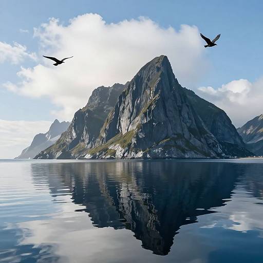 Photograph of a serene mountainous landscape with clear blue sky, reflected in calm water, and two flying birds overhead.