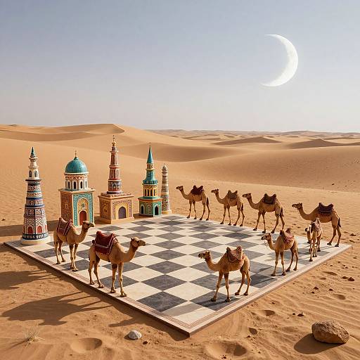 Photograph of a chessboard in a desert with colorful minarets, camels standing on squares, and a crescent moon in a clear sky