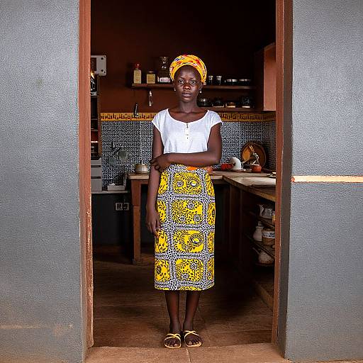 Photograph of a dark-skinned African woman standing in a doorway, wearing a white top, yellow patterned skirt, and yellow headwrap, with