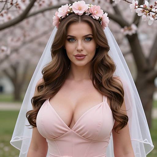 Photograph of a fair-skinned woman with long brown hair, wearing a pink floral crown, white veil, and low-cut pink dress, standing in