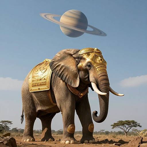 CGI image of an ornate, golden-decorated elephant with large white tusks, standing on a savanna, with a Saturn-like planet