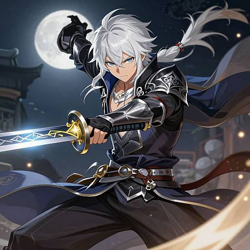 Anime-style digital artwork of a white-haired, blue-eyed warrior with a glowing sword, wearing black armor and a flowing cape, against a moonlit night