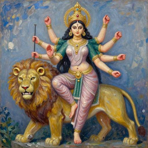 Digital painting of Hindu goddess Durga with six arms, wearing pink and green attire, golden jewelry, seated on a lion, against a blue background.