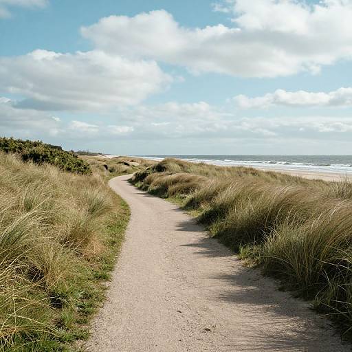 Photograph of a winding sandy path through tall, golden grass dunes, leading to a bright, cloudy sky and a distant ocean shoreline.