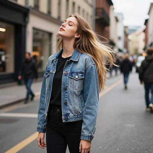 Photograph of a young woman with long blonde hair, wearing a blue denim jacket and black shirt, standing confidently on a busy urban street.
