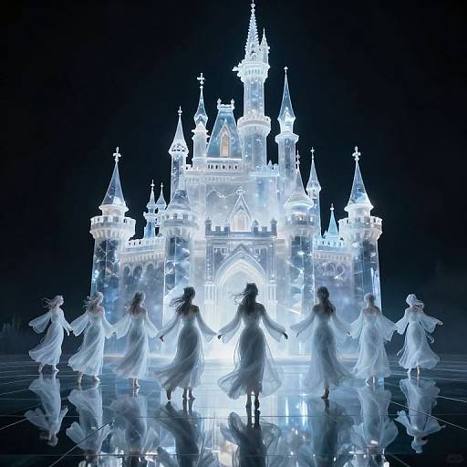 Digital artwork of ethereal white-clad ballerinas dancing around a glowing, illuminated ice castle against a black background, creating a magical, reflective,