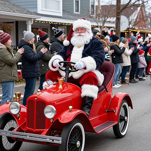 Photograph of a bearded Santa Claus in a red vintage car, driving through a festive street parade with onlookers in winter clothes.