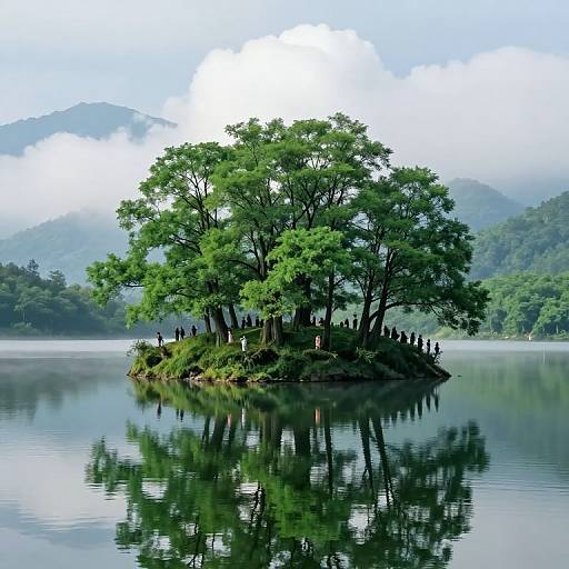 Photograph of a small, lush green island with tall trees and black crows, reflected in a calm, misty lake, surrounded by mist-covered