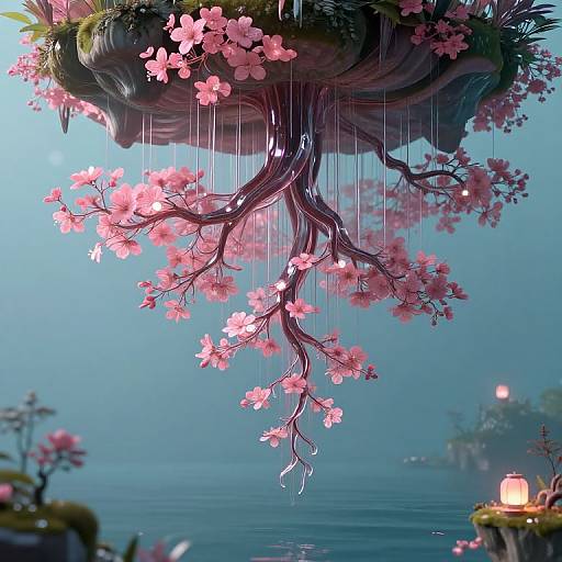 Digital artwork of a floating, twisted tree adorned with pink cherry blossoms, raining petals over a tranquil, blue-hued lake at dusk.