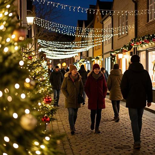 Photograph of a festive, cobblestone street at night, adorned with string lights, Christmas trees, and holiday decorations; people in winter coats walk