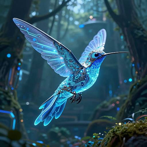 Bioluminescent Mech-Hummingbird in Tech Forest
