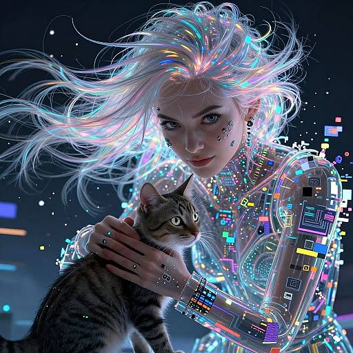 Cyberpunk Girl with Pixelated Cat