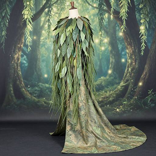 Photograph of a dress mannequin covered in green leafy branches, with a shimmering silver base, set against a dreamy forest background with