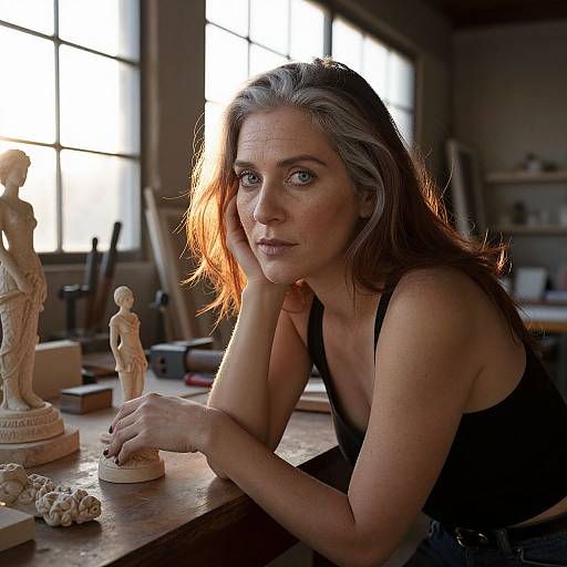 Photograph of a gray-haired woman in a black tank top, illuminated by sunlight, working on sculptures in a cluttered, dimly lit workshop.