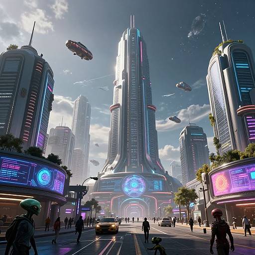 Futuristic cityscape photograph: towering neon-lit skyscrapers, flying hovercars, glowing holographic ads, pedestrians, and cyberpunk-style
