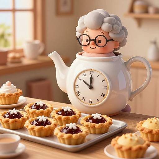 CGI image of a smiling elderly woman with glasses, white curly hair, and pink dress, emerging from a white teapot clock, with a tray