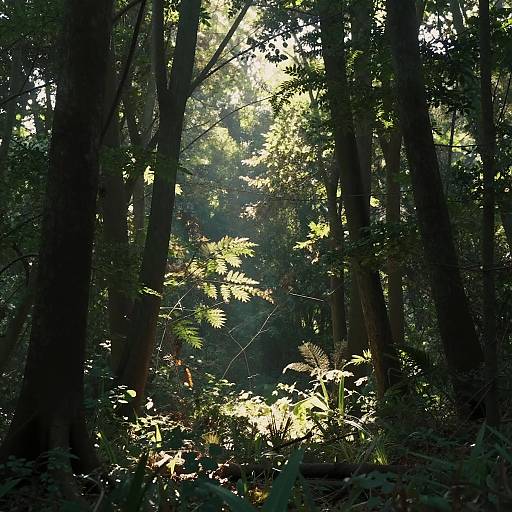 Photograph of a dense forest with tall, dark trees, sunlight filtering through leaves creating dappled light and shadows on the forest floor.