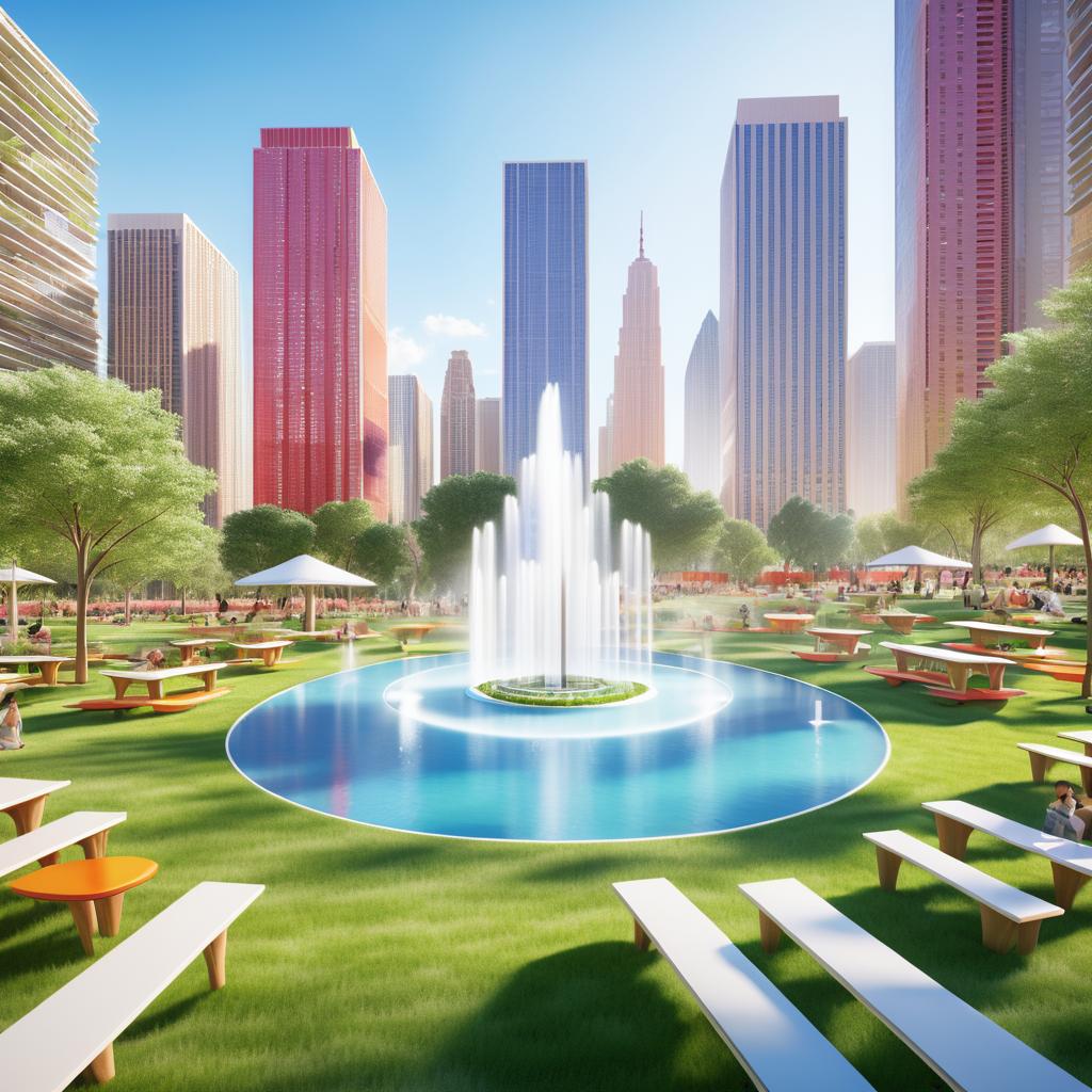 Elegant Urban Park with Art and Fountains