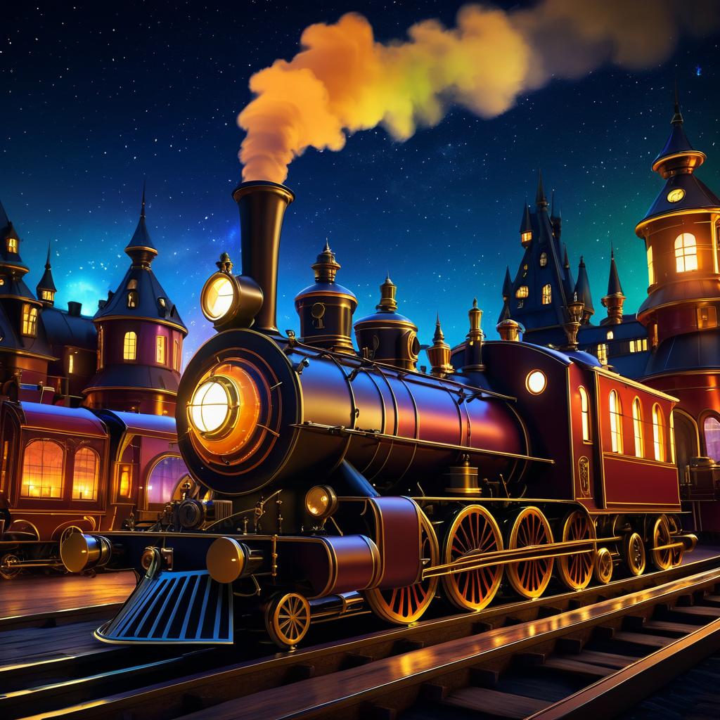 Steampunk Night Train in Fantasy Landscape