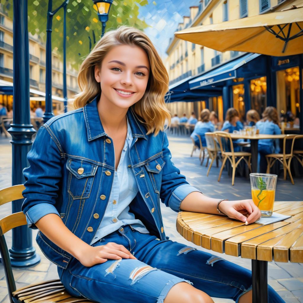 Joyful Teen at Parisian Café in Impressionist Style