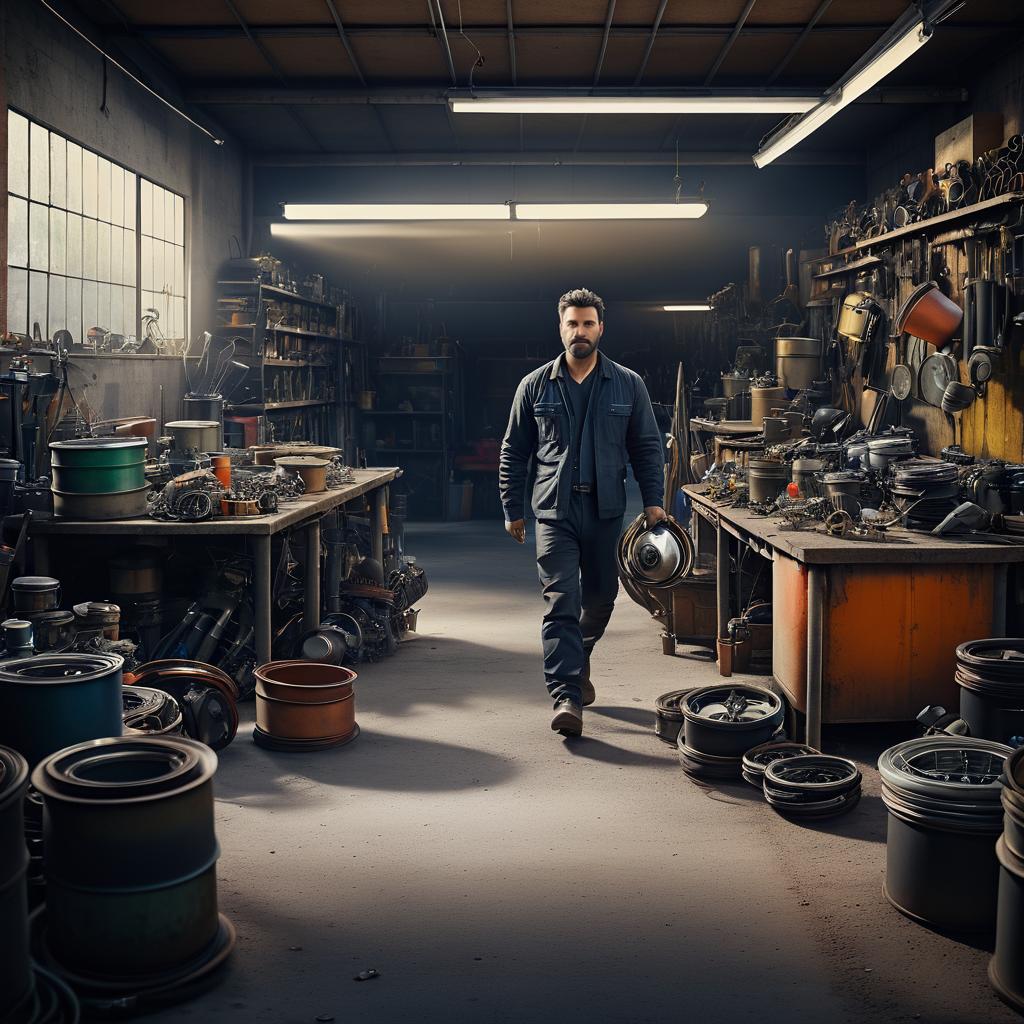 Mechanic Walking Through Cluttered Workshop