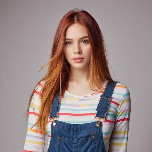 Young Woman with Red Hair in Denim Overalls