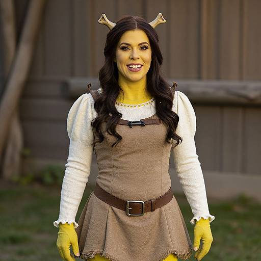 Photograph of a woman with long black hair, wearing a brown dress, white blouse, yellow gloves, bone headpiece, brown belt, standing outdoors