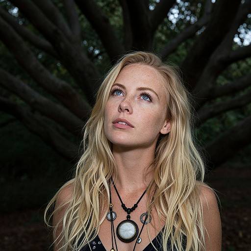Photograph of a blonde woman with wavy hair, blue eyes, and freckles, wearing a black necklace with a circular pendant, looking up