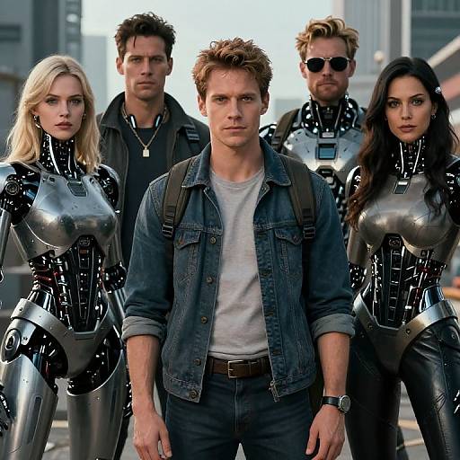 Photograph-style CGI of five superheroes: three women in glossy black latex suits, two men in casual clothes, standing in urban background. Central man in