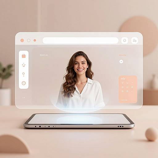 Photograph of a smiling woman with long brown hair, wearing a white shirt, displayed on a tablet screen with a video call interface. Background: blurred