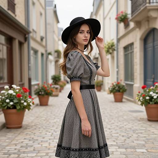 Photograph of a young woman with fair skin and brown hair, wearing a black polka dot dress and wide-brimmed hat, standing in a