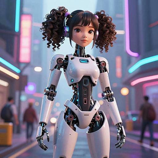 CGI image of a cute, curvy, anime-style, humanoid robot with curly black hair, neon-lit cyberpunk city street background.
