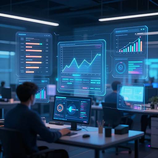 Digital illustration of a modern data analysis office with blue neon graphs and charts on screens, a man in the foreground typing, and blurred colleagues in the background