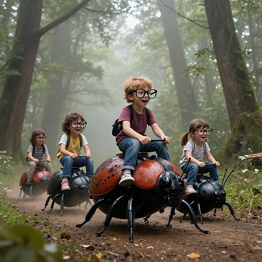 Whimsical Children Riding Giant Beetles