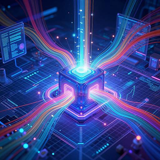 Digital CGI image of a glowing, blue, cube-shaped central core with colorful, neon light trails radiating from it, surrounded by multiple screens displaying technical