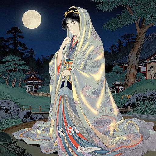 Digital anime-style drawing of a beautiful Japanese woman in a glowing, patterned kimono, under a full moon, surrounded by trees and traditional houses.