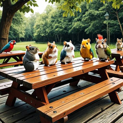 Hamsters and Birds on Picnic Tables