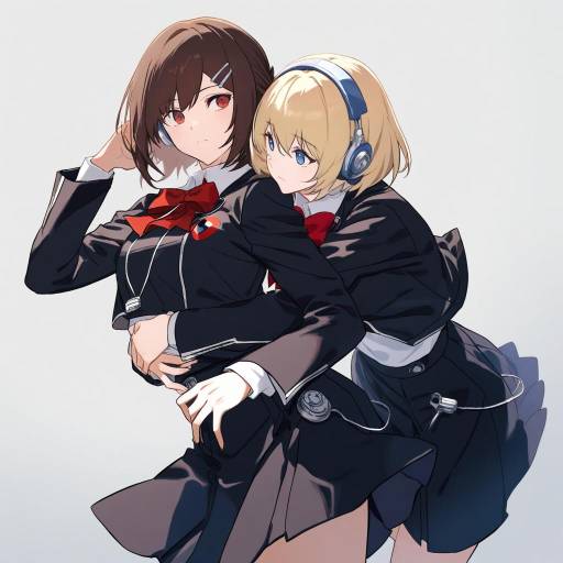 Aigis Embracing Friends in School Uniform