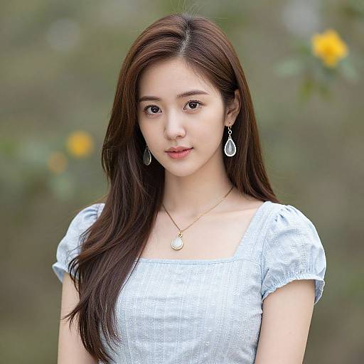 Photograph of an Asian woman with long brown hair, wearing a white short-sleeve dress, gold necklace, and teardrop earrings, standing